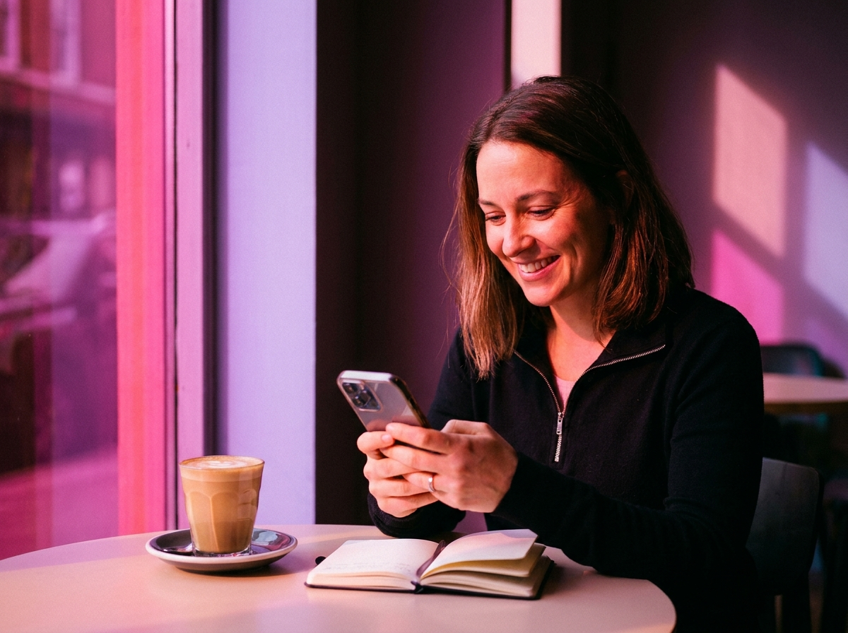 Reviewing the app at a cafe