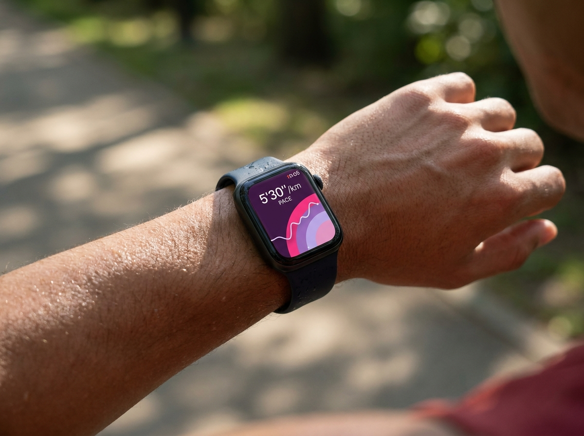 Apple Watch close-up showing live pace